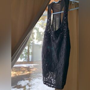 EXPRESS Vintage Black Floral Lace Beaded Razorback Tank Top - S/P - Y2K  Boho